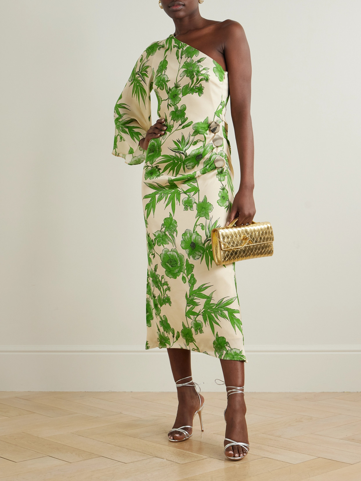 Borgo De Nor Atlantis One-shoulder Embellished Floral-print Satin Midi Dress In Green