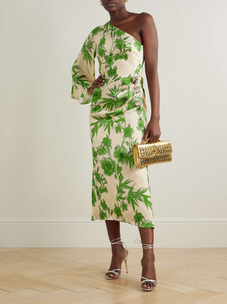atlantis one-shoulder embellished floral-print satin midi dress