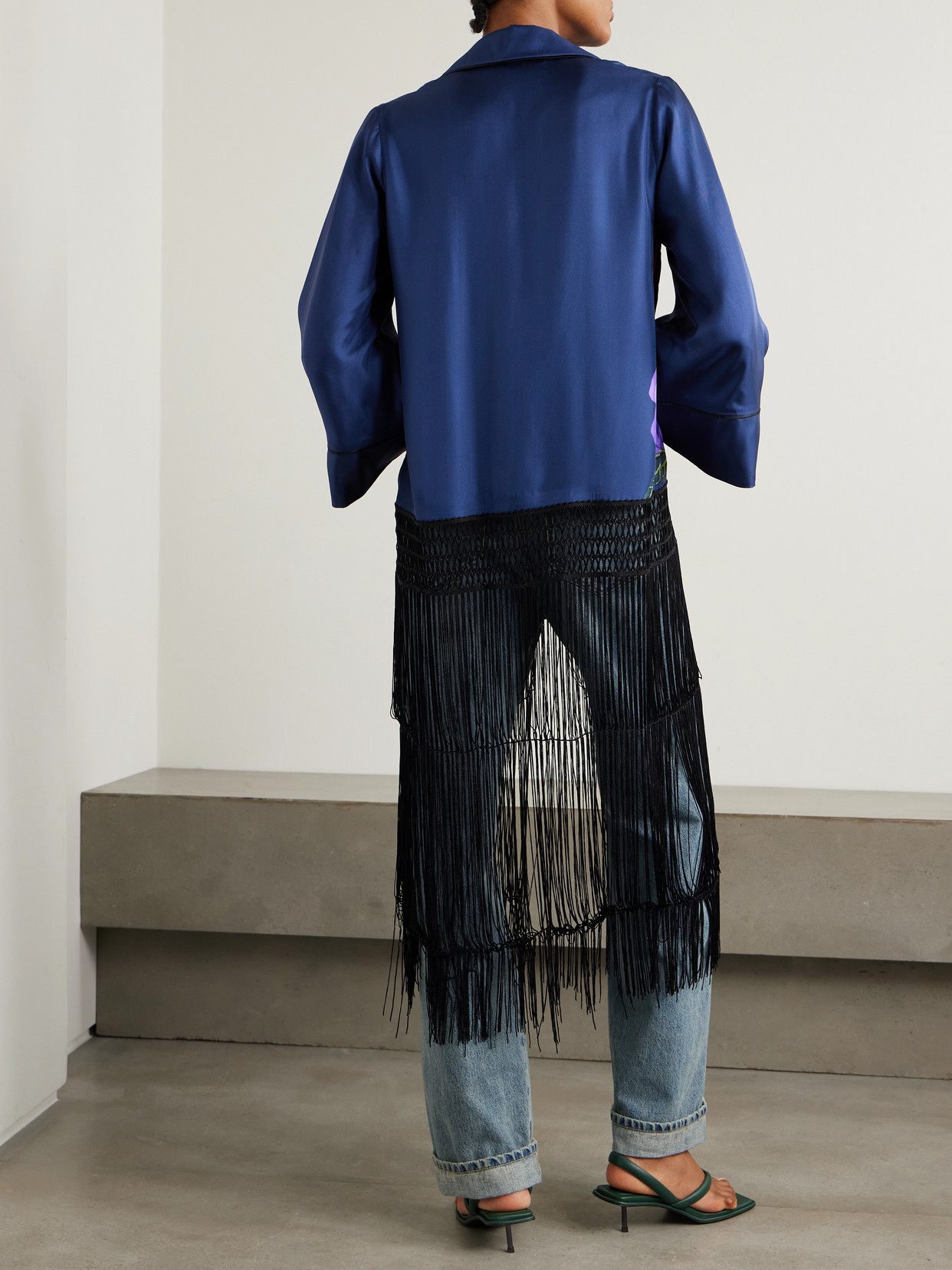 Borgo De Nor Calliope Fringed Macramé-trimmed Floral-print Silk-twill Jacket In Blue