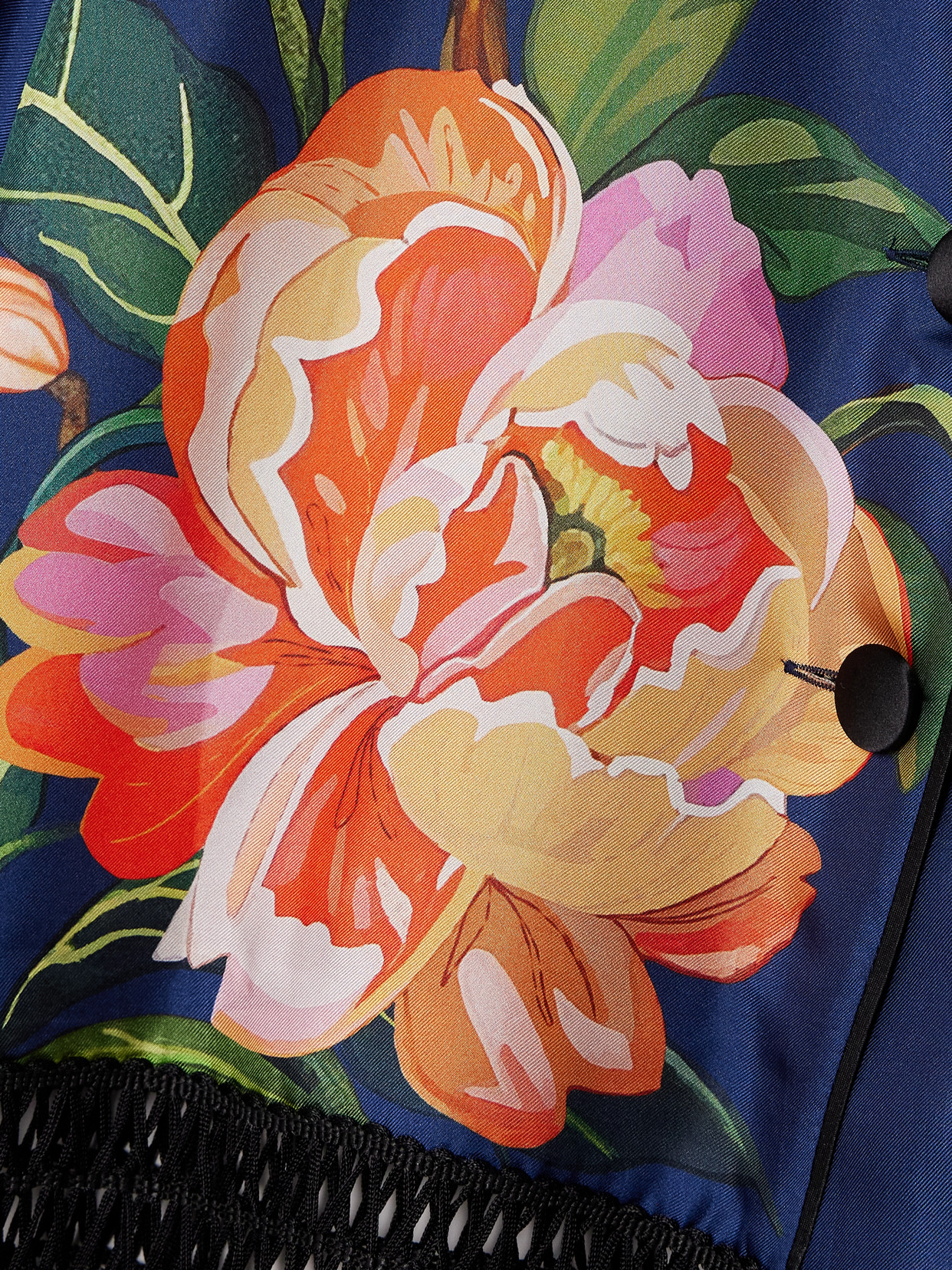 Borgo De Nor Calliope Fringed Macramé-trimmed Floral-print Silk-twill Jacket In Blue