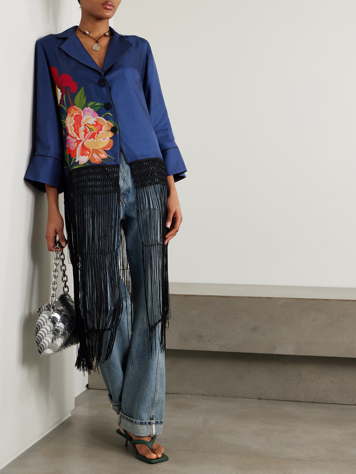 Borgo De Nor Calliope Fringed Macramé-trimmed Floral-print Silk-twill Jacket In Blue