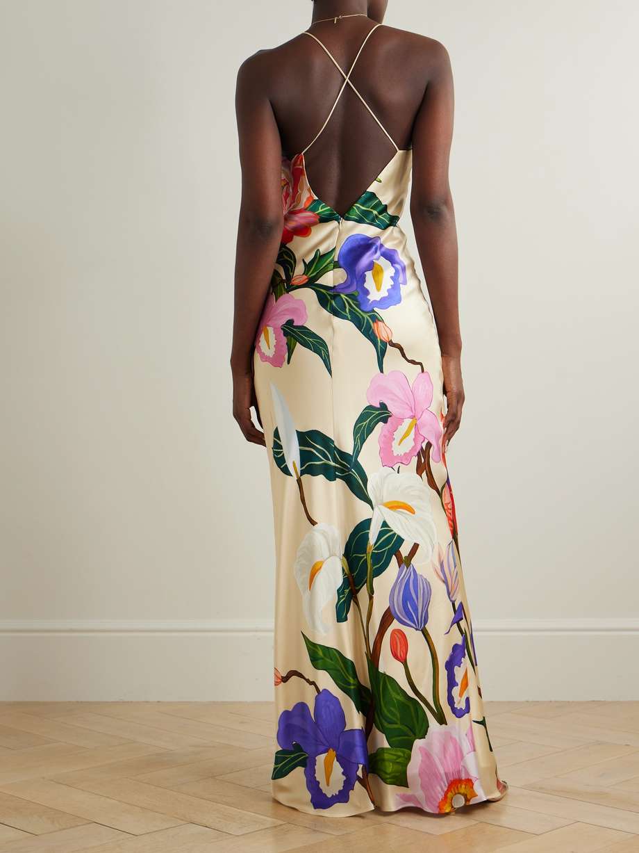 olive floral-print satin-crepe maxi dress