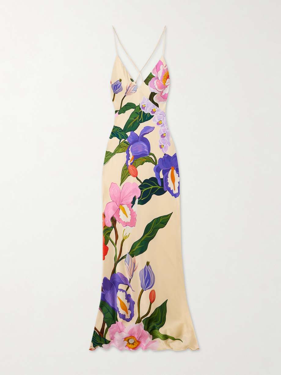 olive floral-print satin-crepe maxi dress