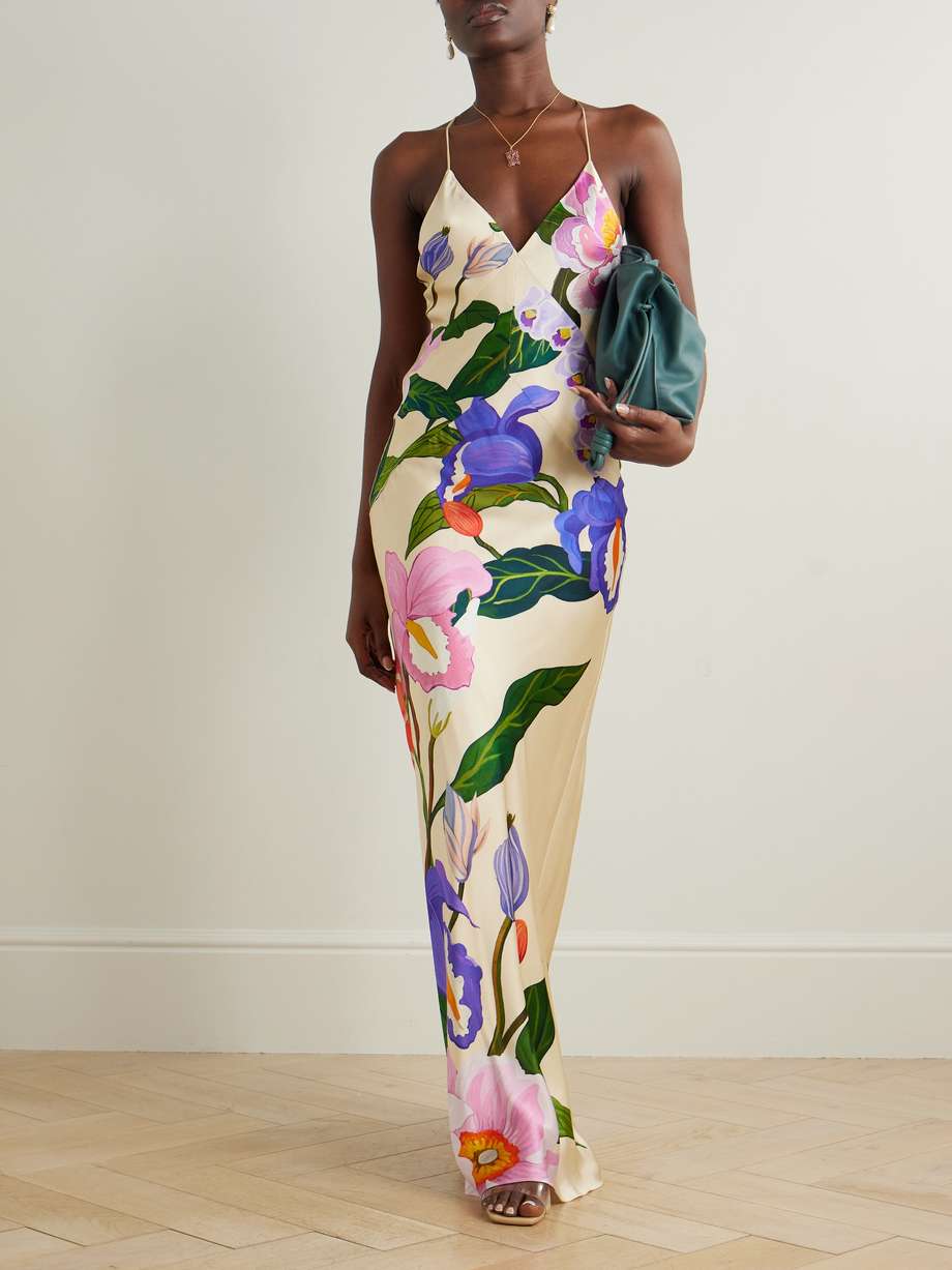olive floral-print satin-crepe maxi dress