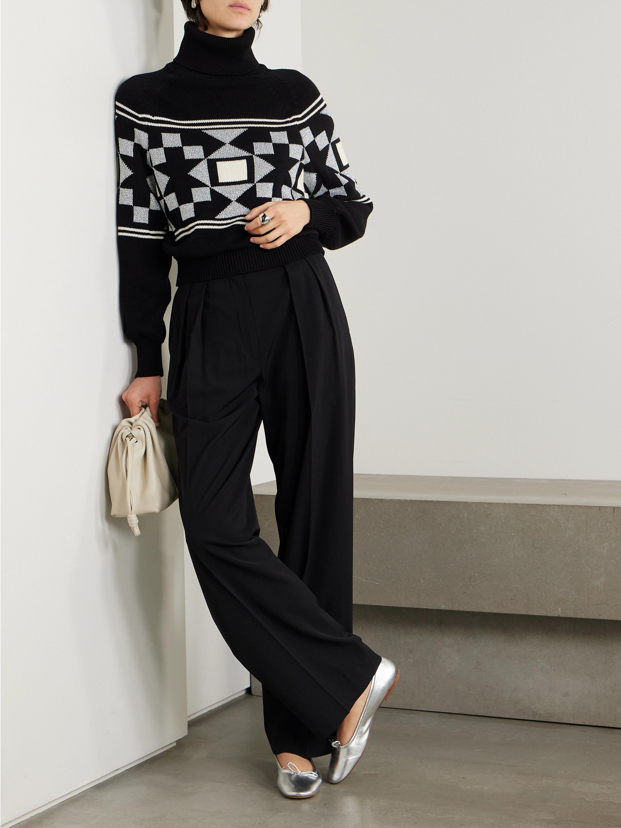 High Sport Lara Intarsia-knit Metallic Cotton-blend Turtleneck Sweater In Black