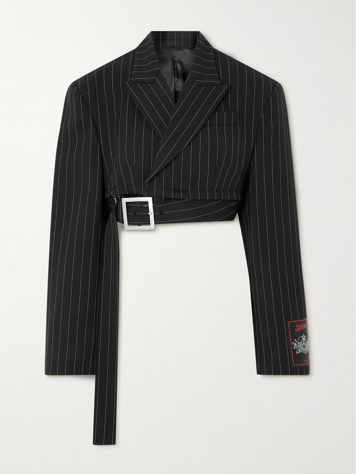 Jean Paul Gaultier - Double-breasted Belted Cropped Pinstriped Wool-twill Blazer - Black
