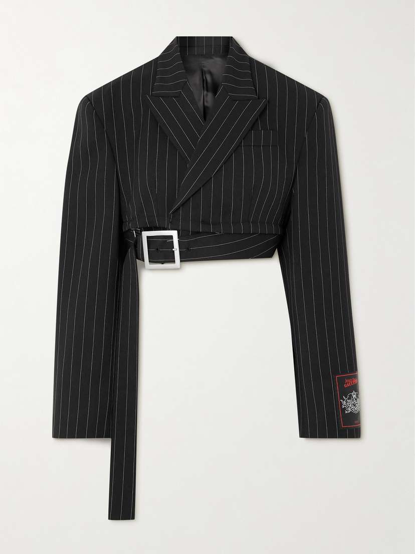 Jean Paul Gaultier Double-breasted Belted Cropped Pinstriped Wool-twill Blazer