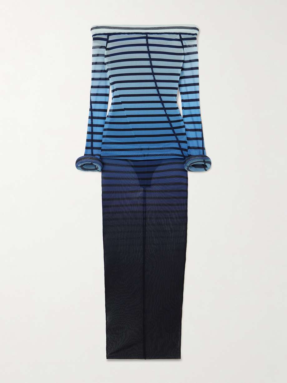 off-the-shoulder padded striped stretch-mesh maxi dress