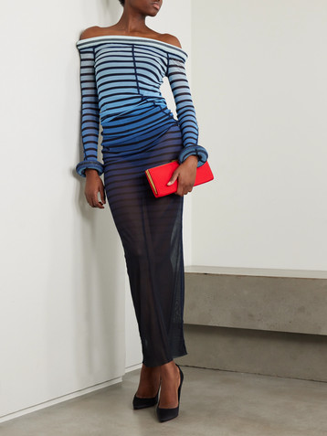 Jean Paul Gaultier Off-the-shoulder padded striped stretch-mesh maxi dress