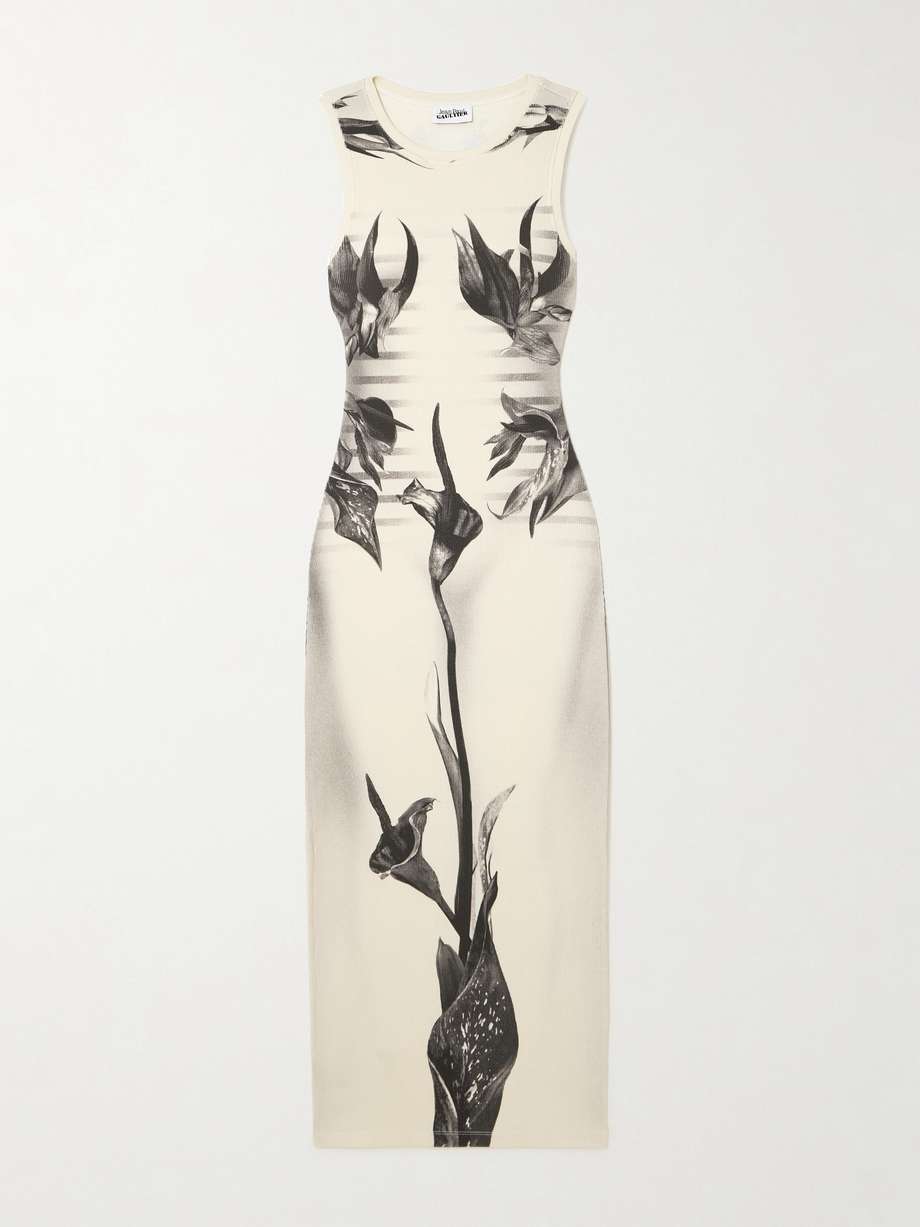printed ribbed stretch cotton-jersey midi dress
