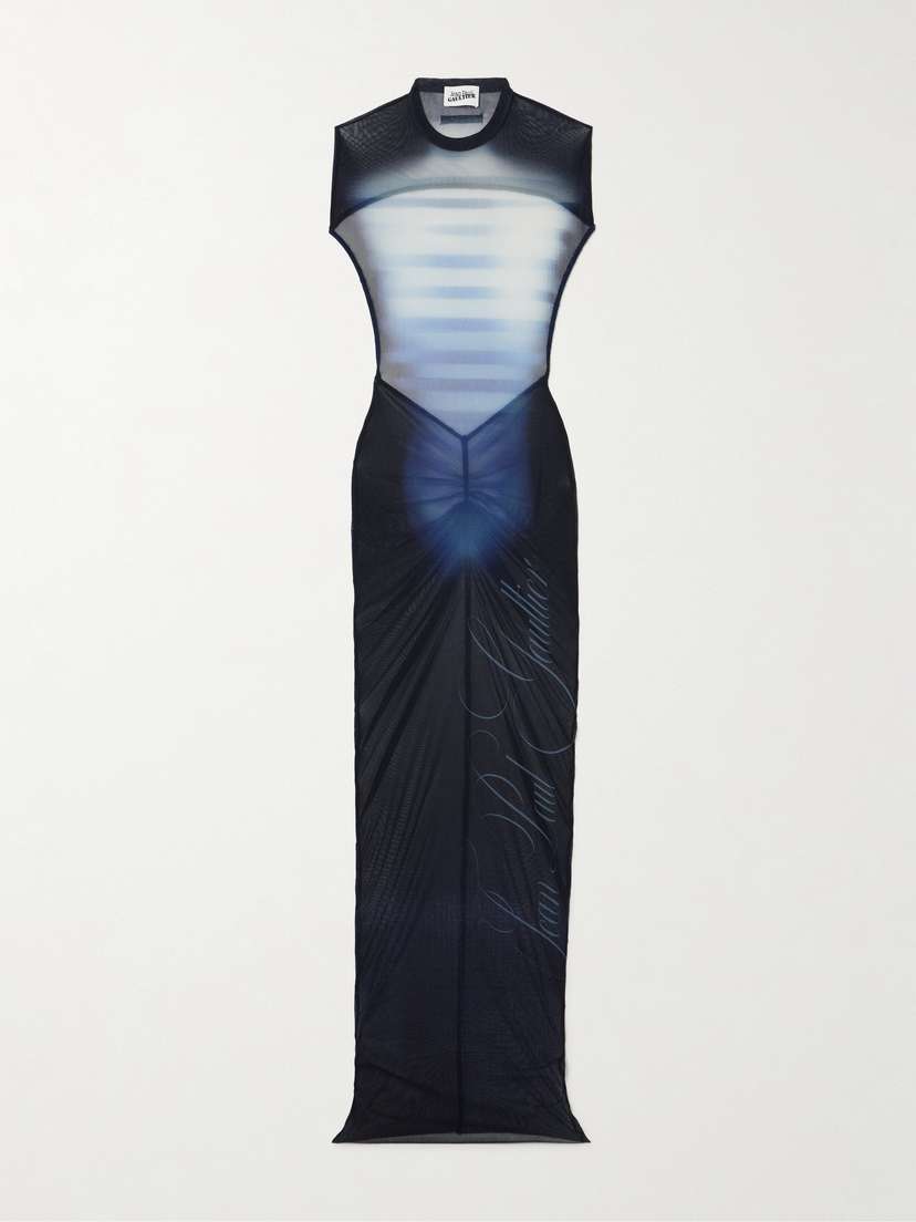 Jean Paul Gaultier Le Mâle Gathered Printed Stretch-mesh Maxi Dress