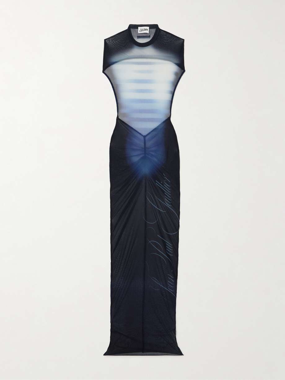 le mâle gathered printed stretch-mesh maxi dress