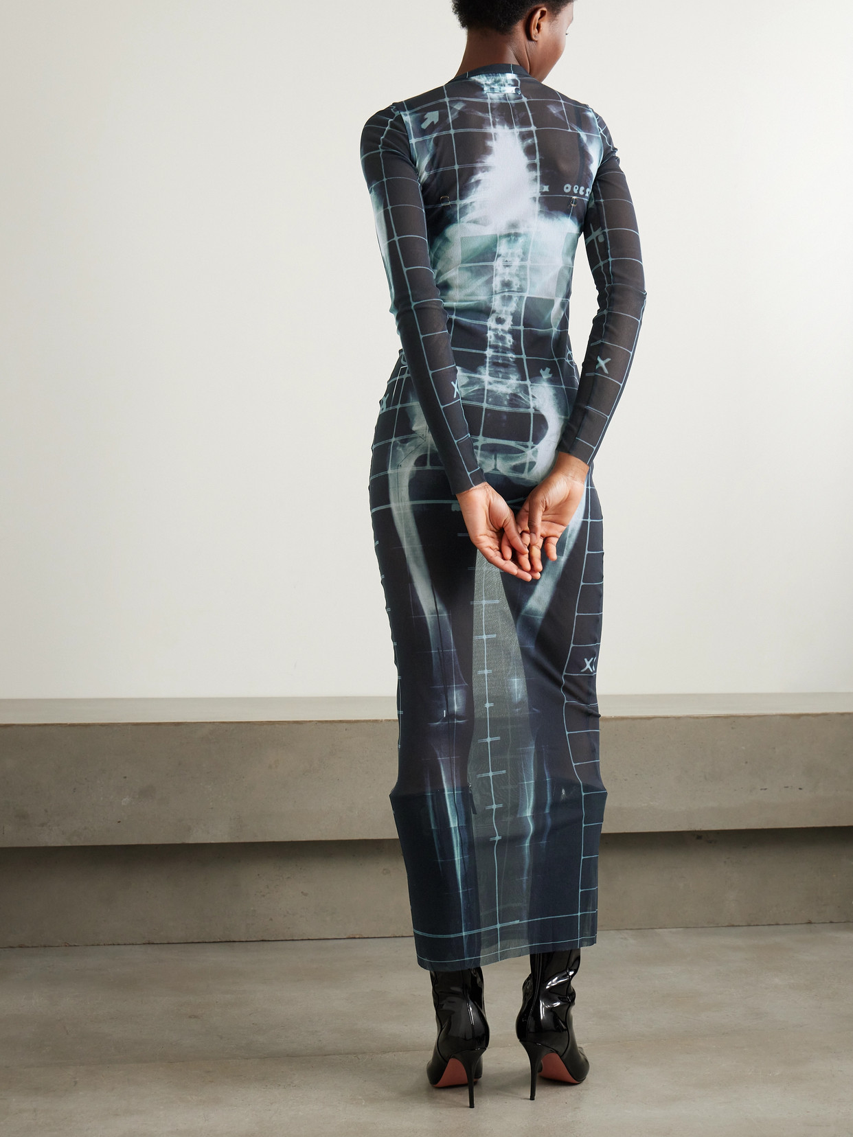 Jean Paul Gaultier Squeletor Trompe L'oeil Printed Tulle Maxi Dress In Blue