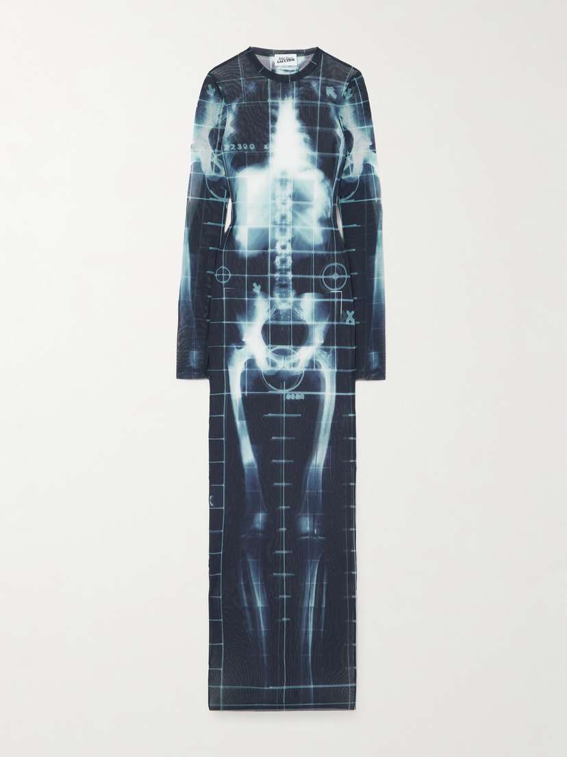 Jean Paul Gaultier Squeletor Trompe L'oeil Printed Tulle Maxi Dress