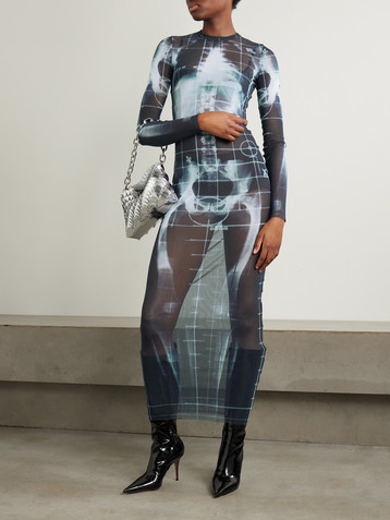 Jean Paul Gaultier Squeletor trompe l'oeil printed tulle maxi dress