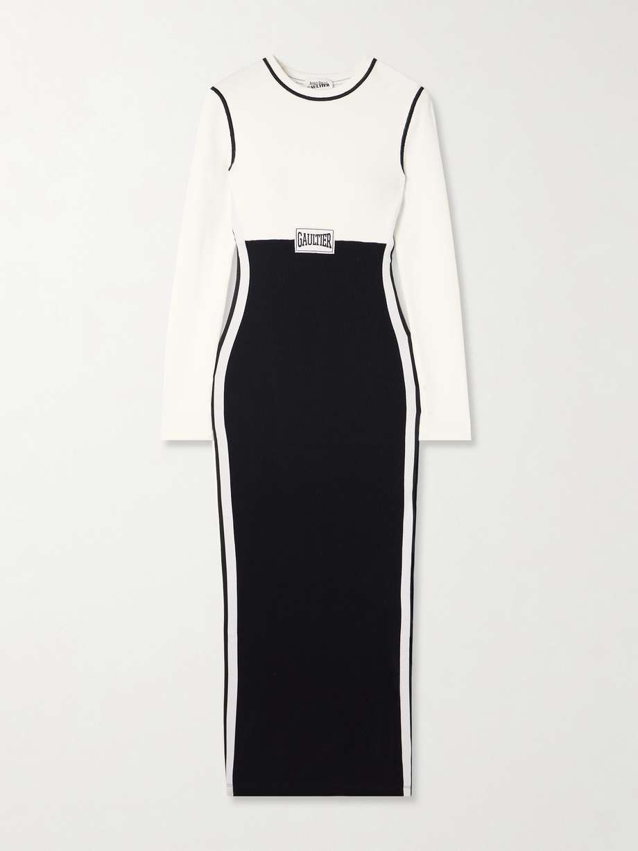 appliquéd two-tone ribbed stretch-cotton midi dress