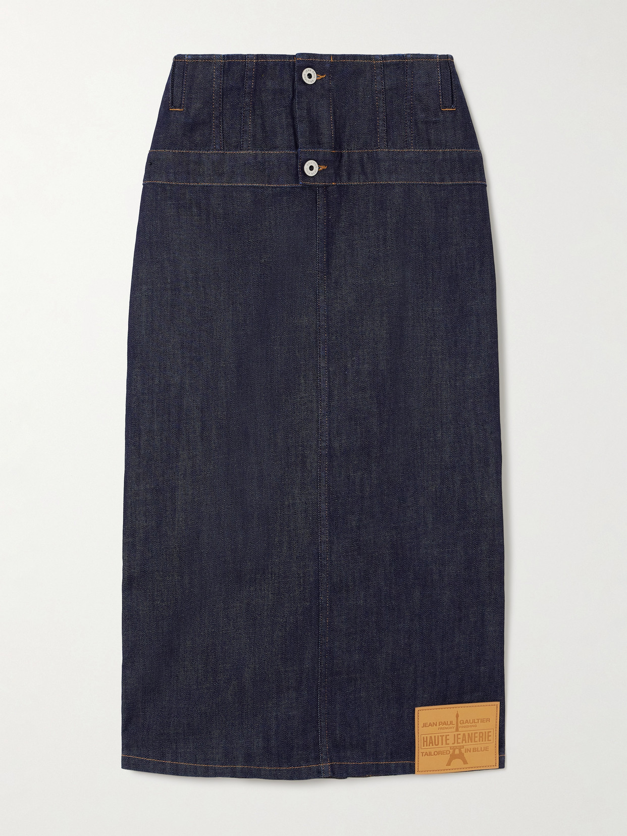 Jean Paul Gaultier Paneled Topstitched Denim Midi Skirt In Blue