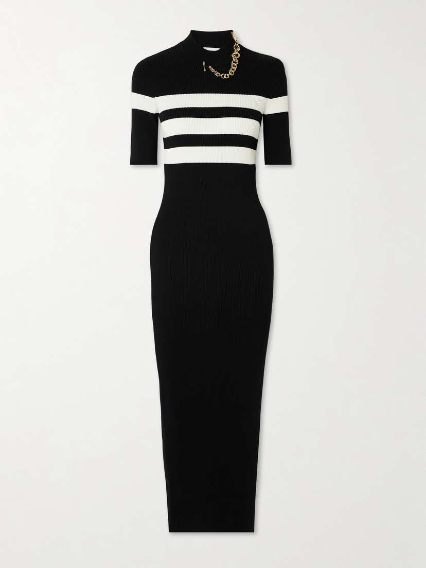 Jean Paul Gaultier Chain-embellished Striped Ribbed-knit Maxi Dress