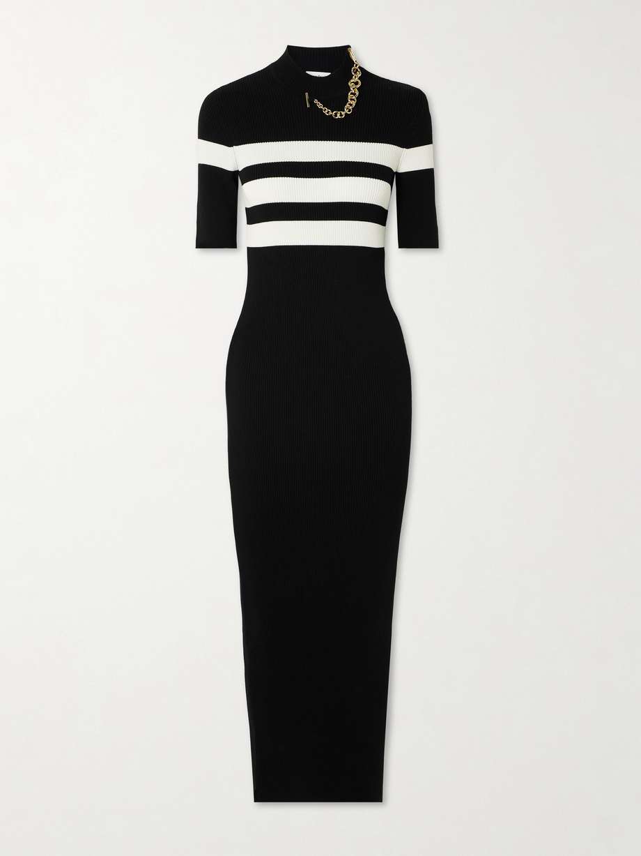 chain-embellished striped ribbed-knit maxi dress