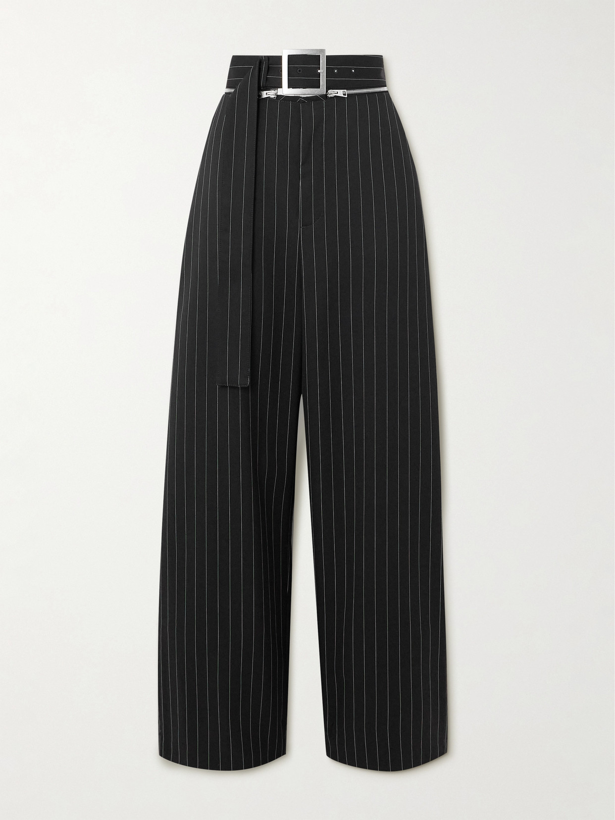 Jean Paul Gaultier - Zip-detailed Belted Pinstriped Wool-twill Wide-leg Pants - Black