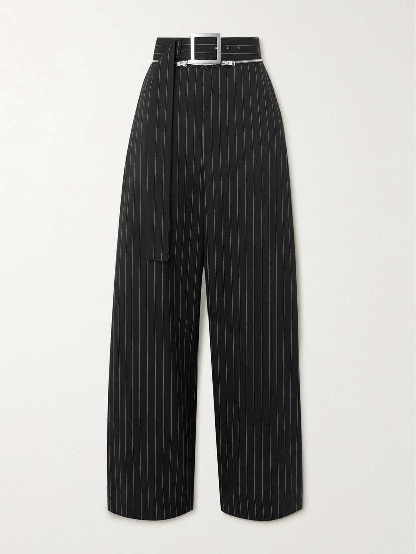 Jean Paul Gaultier Zip-detailed Belted Pinstriped Wool-twill Wide-leg Pants