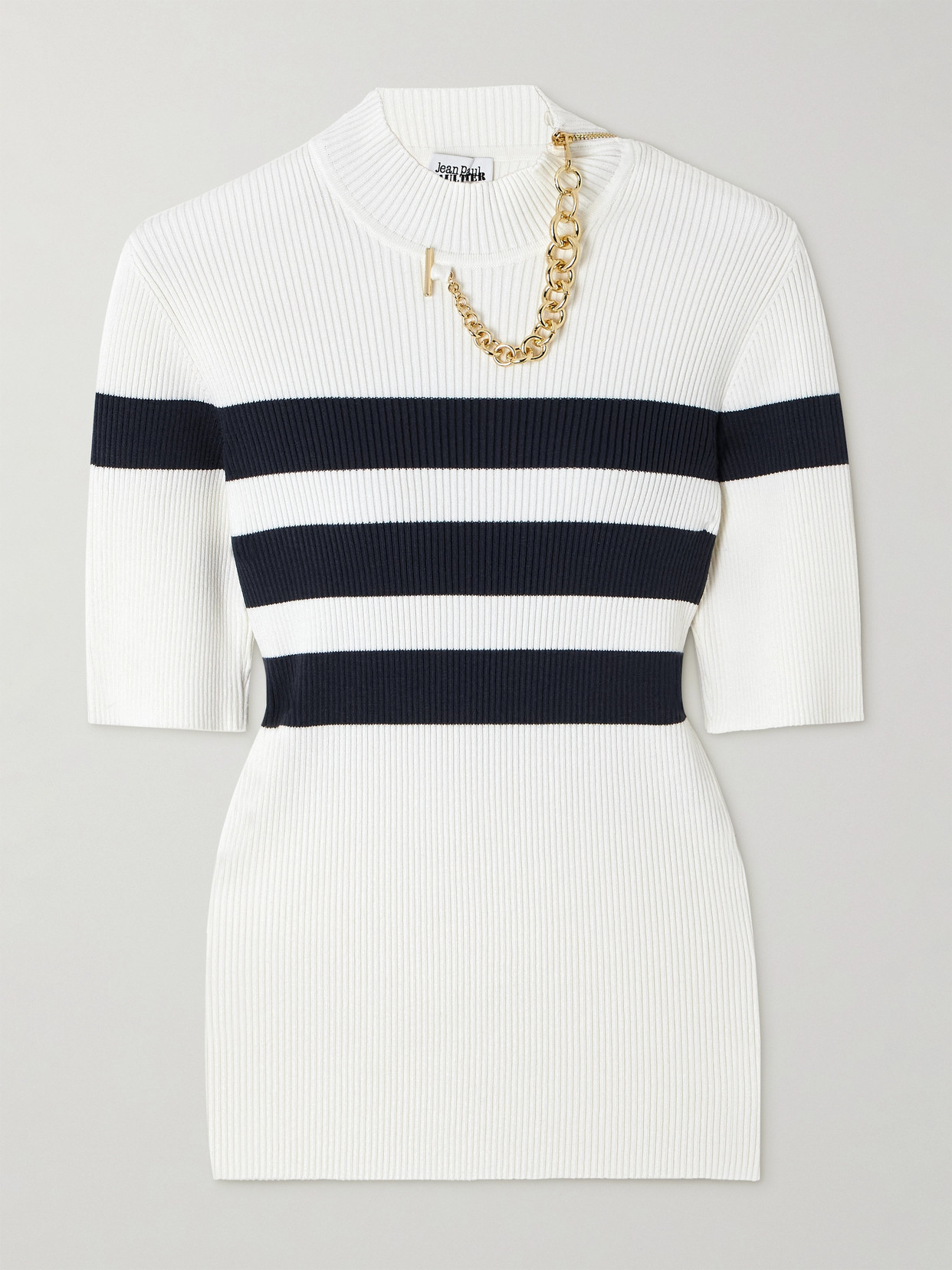 Jean Paul Gaultier High Neck Ribbed Texture Striped T-shirt In White