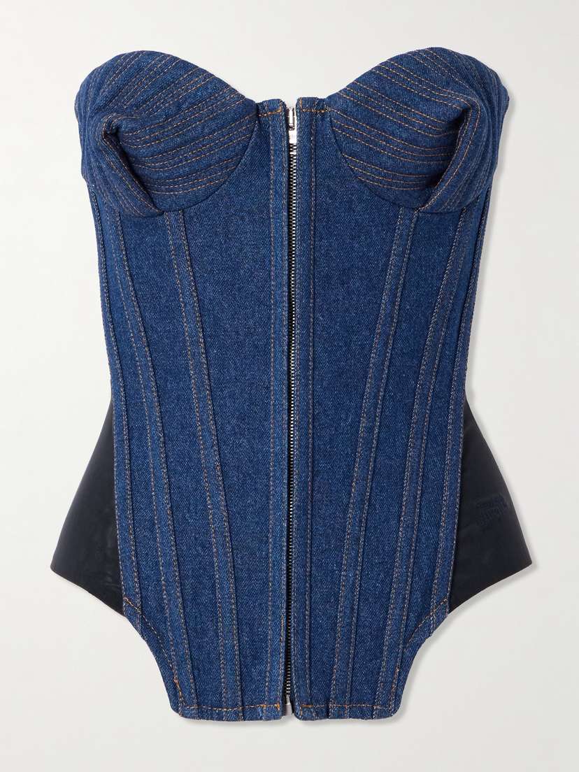 Jean Paul Gaultier Mesh-trimmed Denim Bustier Top