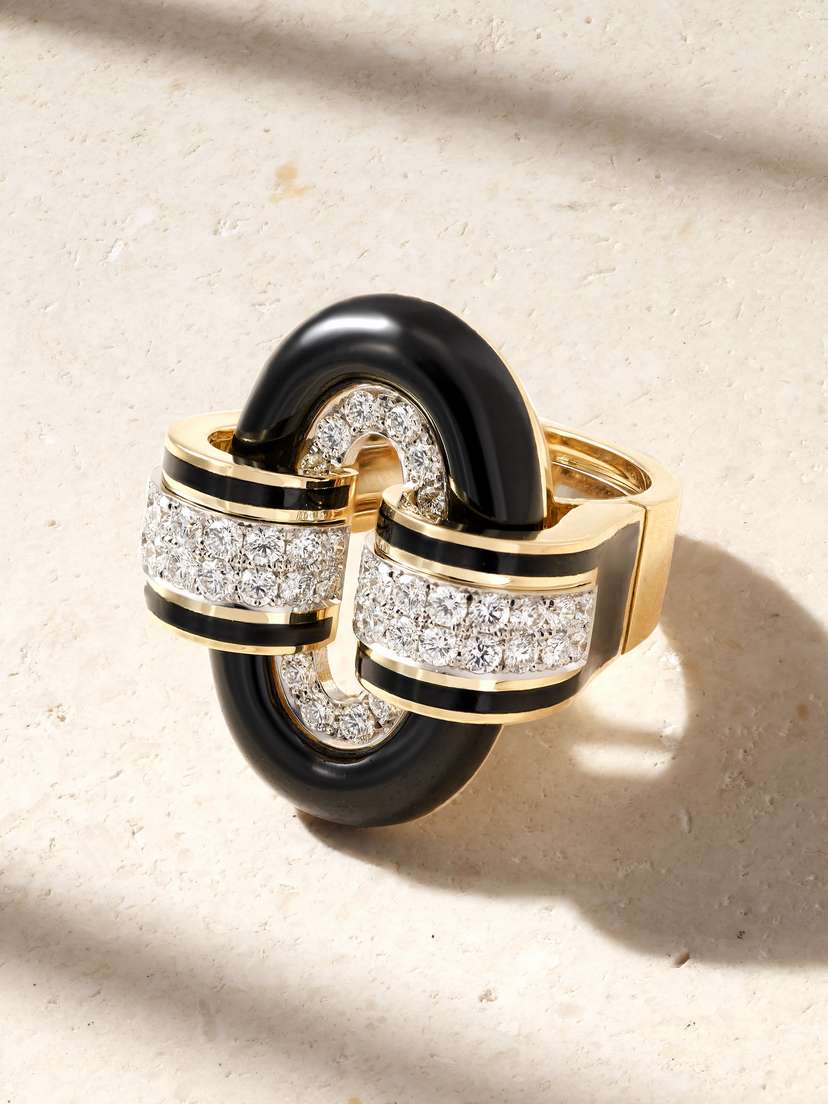 DAVID WEBB Small Oval Buckle 18-karat Gold, Platinum, Onyx, Diamond And Enamel Ring