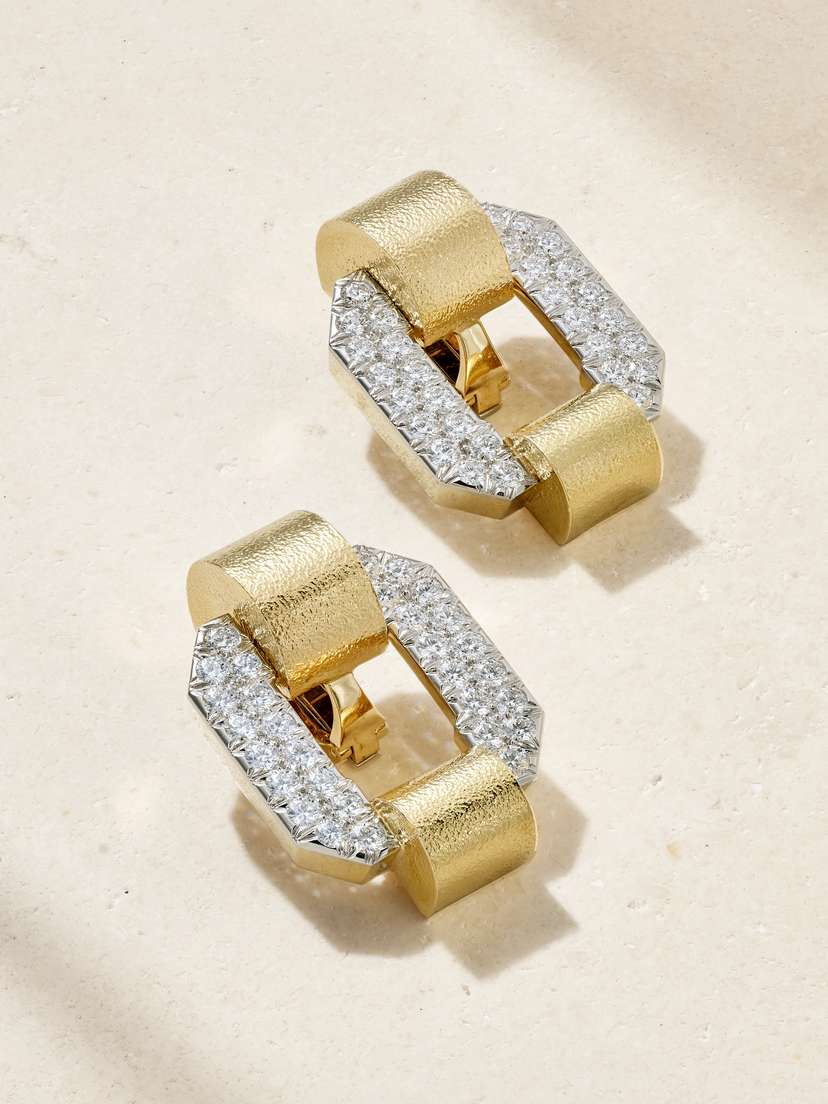 DAVID WEBB Octagonal Buckle 18-karat Gold Diamond Clip Earrings