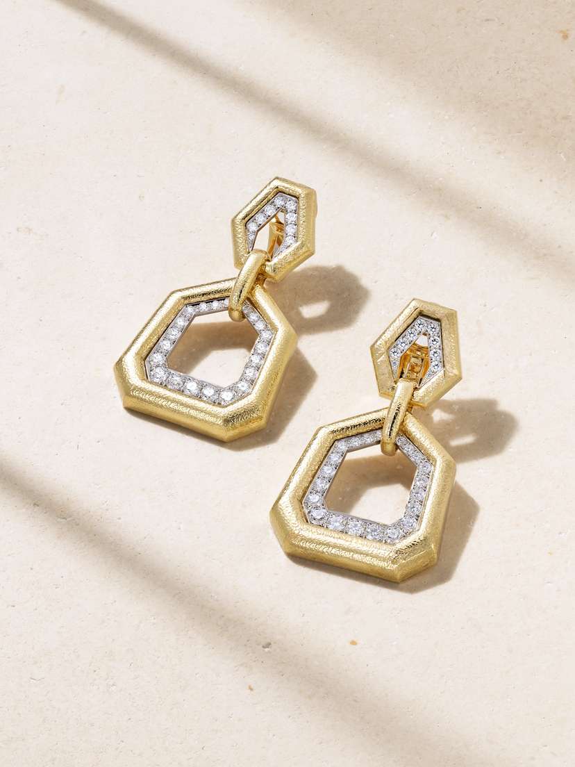 DAVID WEBB Uptown Hammered 18-karat Gold, Platinum And Diamond Earrings