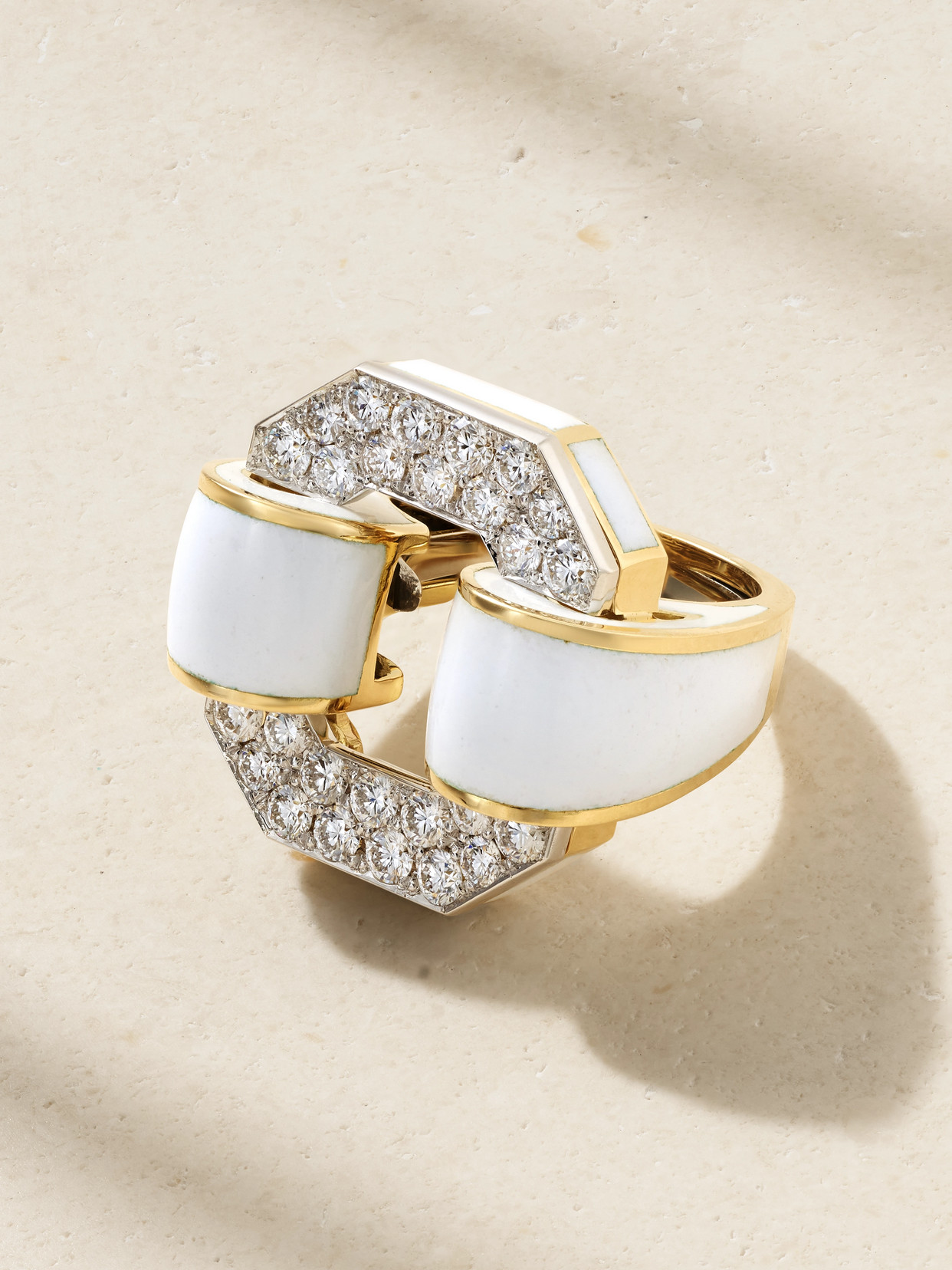 David Webb Small Octagonal Buckle 18-karat Gold, Platinum, Enamel And Diamond Ring In White