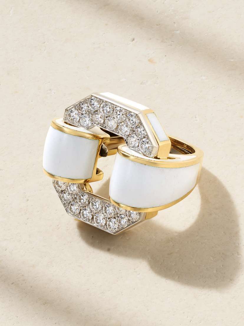 DAVID WEBB Small Octagonal Buckle 18-karat Gold, Platinum, Enamel And Diamond Ring