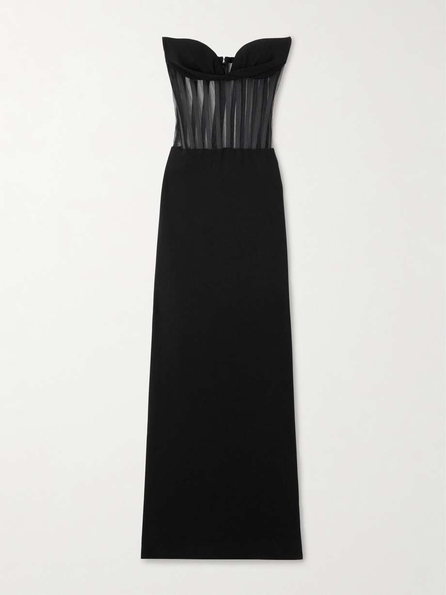 strapless mesh-paneled crepe gown