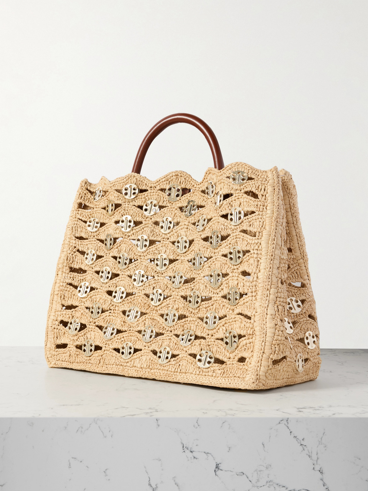 RABANNE 1969 LEATHER-TRIMMED CHAINMAIL-EMBELLISHED RAFFIA TOTE