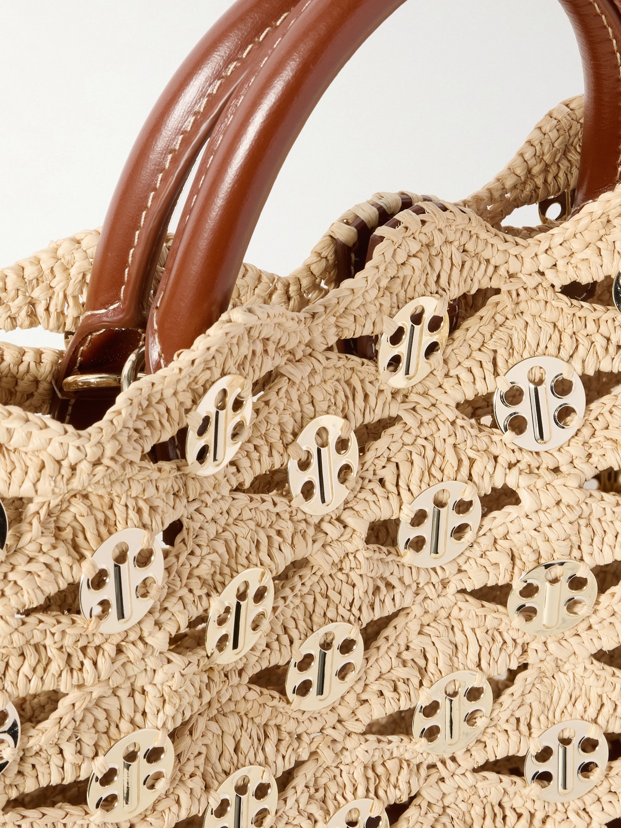 RABANNE 1969 LEATHER-TRIMMED CHAINMAIL-EMBELLISHED RAFFIA TOTE