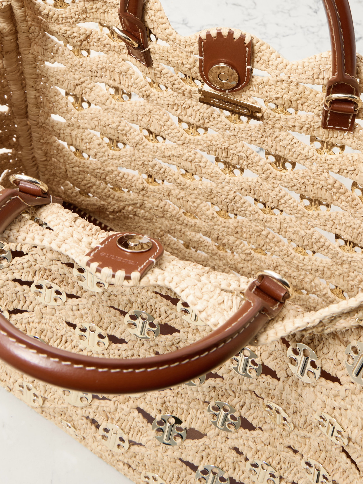 RABANNE 1969 LEATHER-TRIMMED CHAINMAIL-EMBELLISHED RAFFIA TOTE