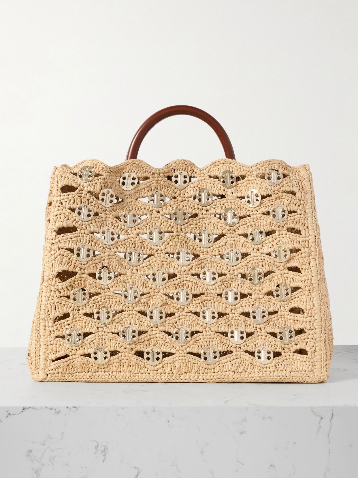 1969 leather-trimmed chainmail-embellished raffia tote