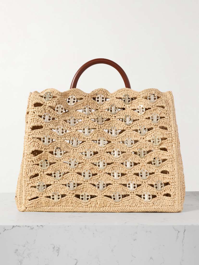 Rabanne 1969 Leather-trimmed Chainmail-embellished Raffia Tote