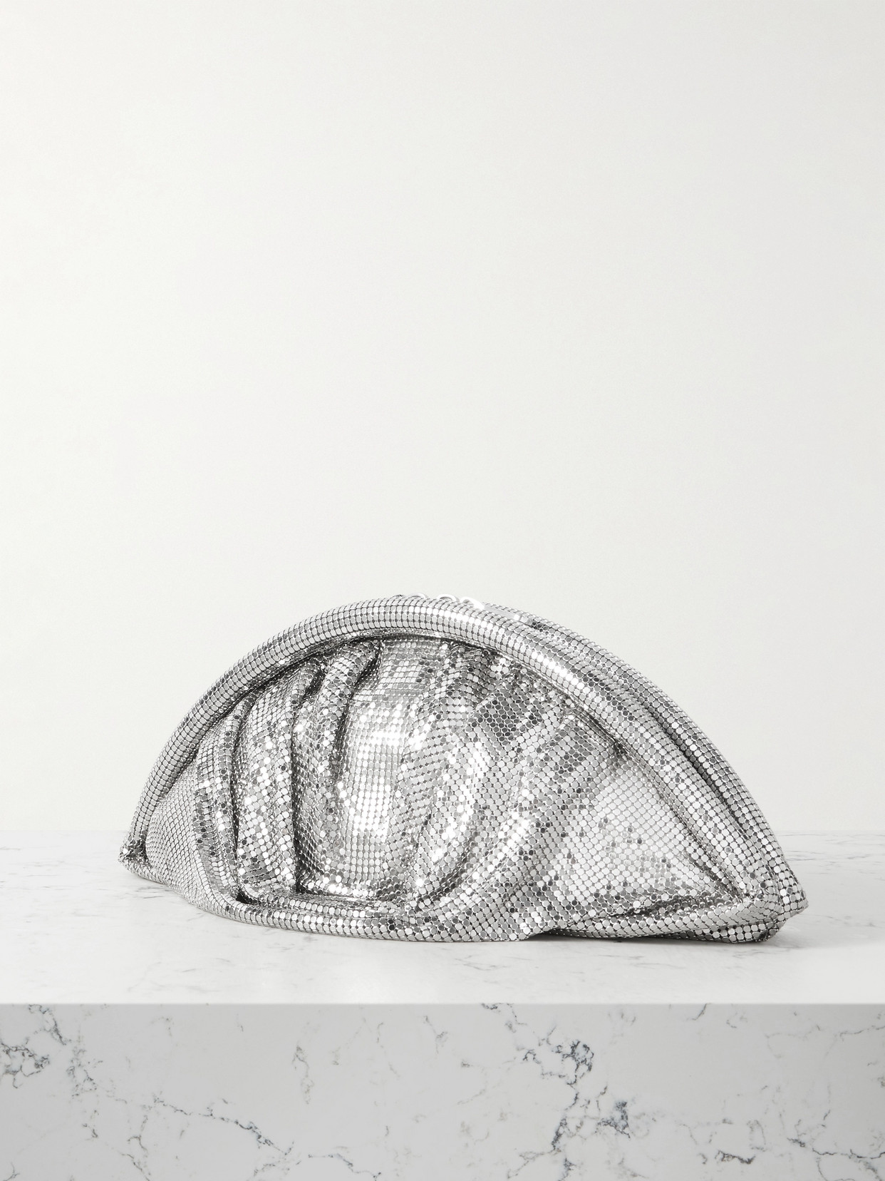 Shop Rabanne Studded Mesh Clutch In Silver