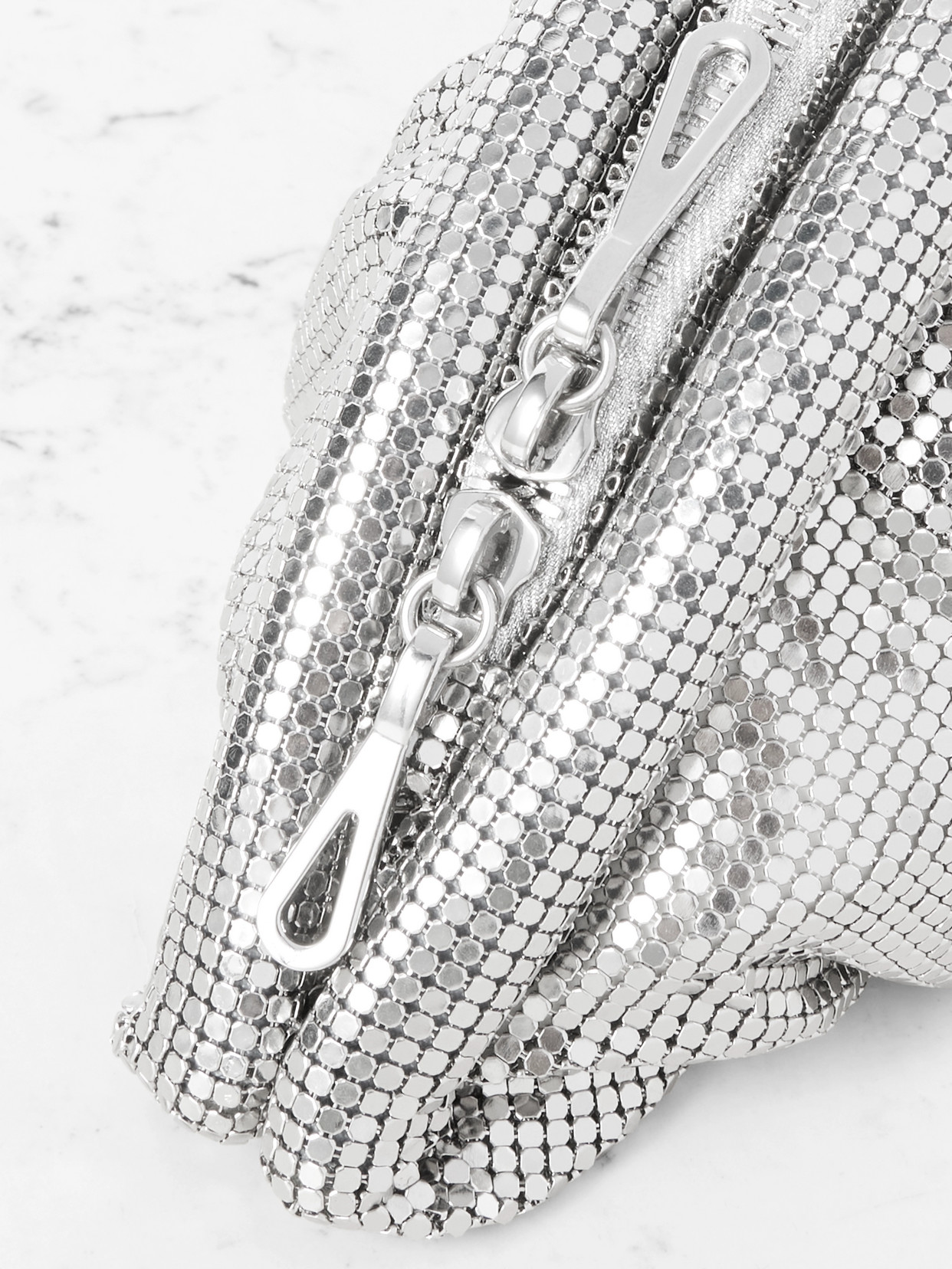 Shop Rabanne Studded Mesh Clutch In Silver
