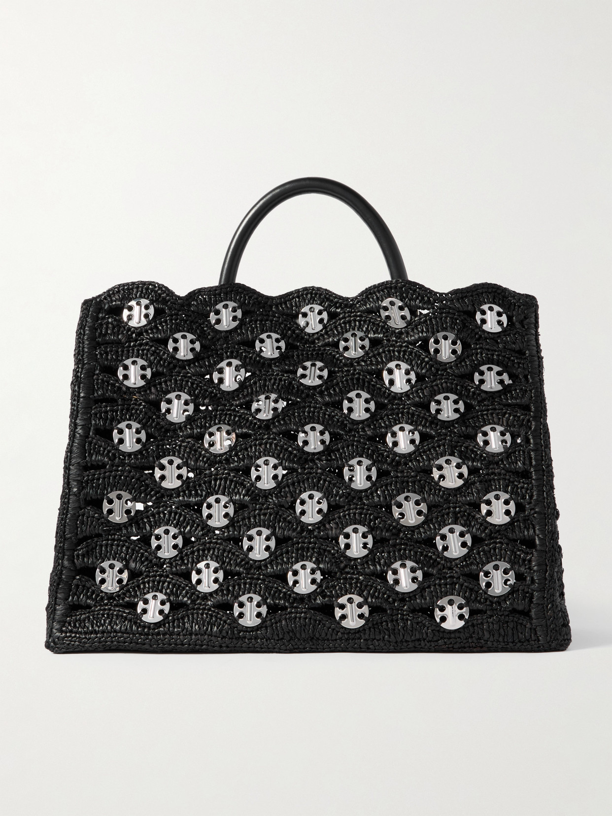 Rabanne 1969 Leather-trimmed Chainmail-embellished Raffia Tote In Black