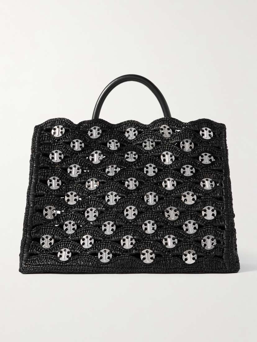 Rabanne 1969 Leather-trimmed Chainmail-embellished Raffia Tote