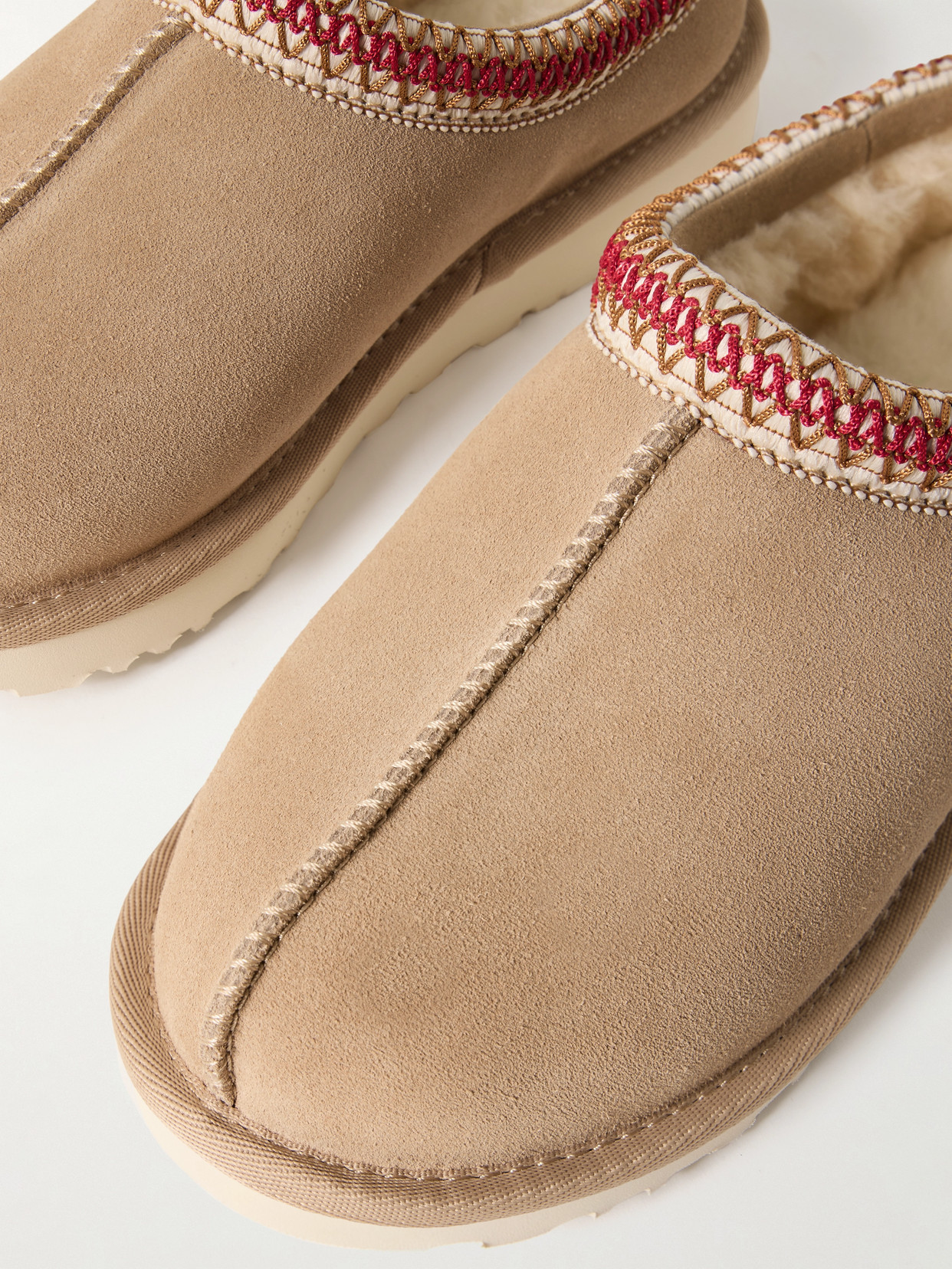 Shop Ugg Tasman Wool-blend Fleece-lined Embroidered Suede Slippers In Neutrals