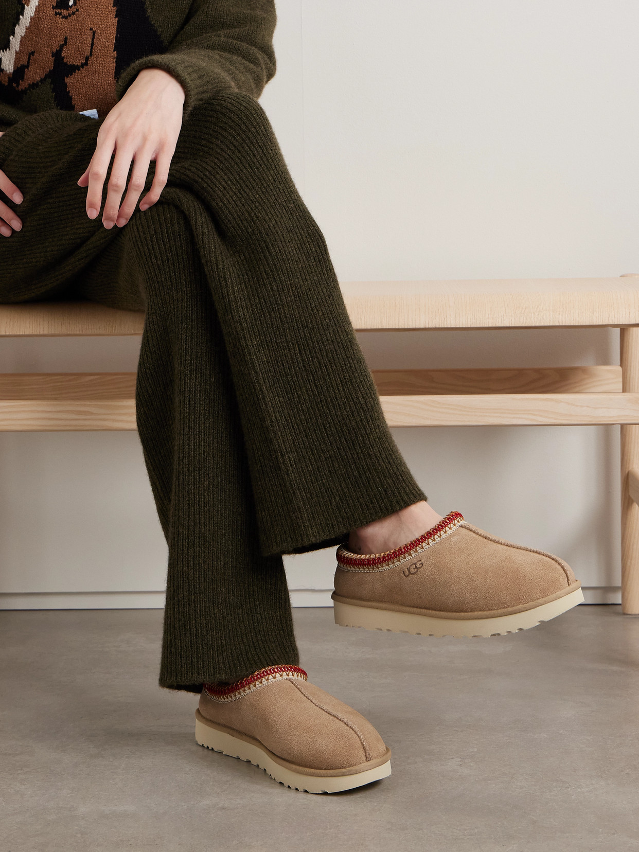 Shop Ugg Tasman Wool-blend Fleece-lined Embroidered Suede Slippers In Neutrals