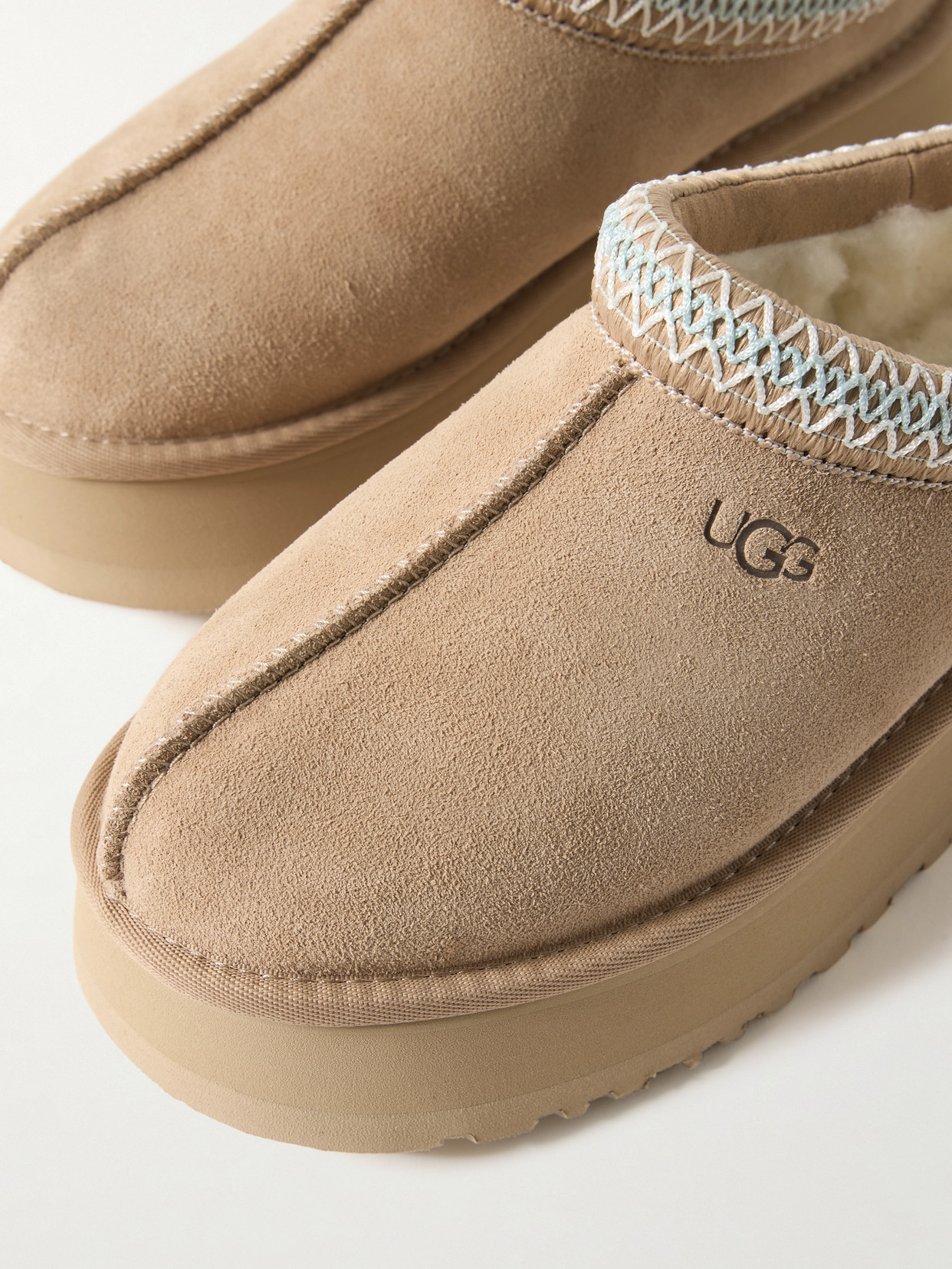 Shop Ugg Tazz Wool-blend Fleece-lined Embroidered Suede Platform Slippers In Neutrals