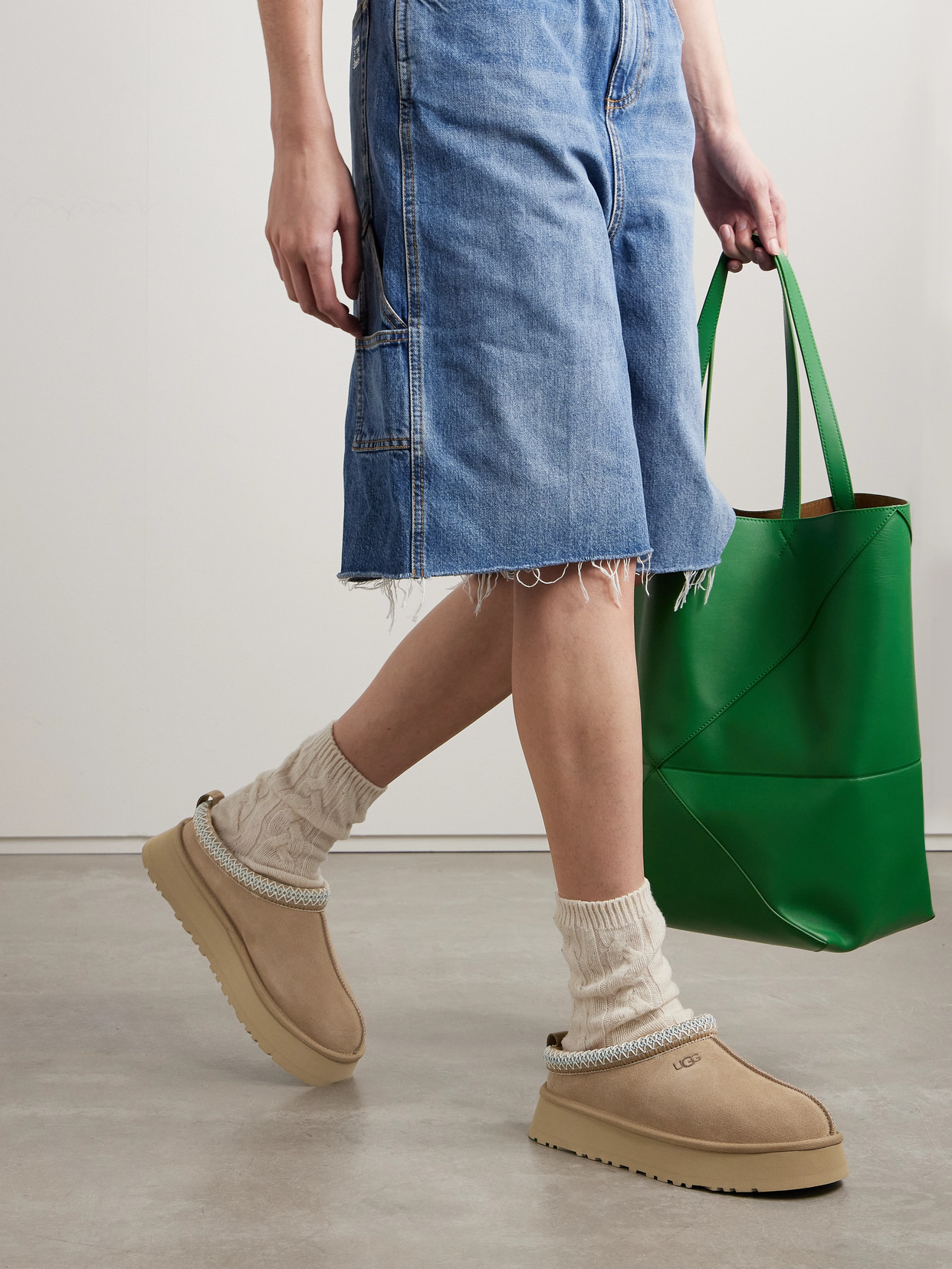 Shop Ugg Tazz Wool-blend Fleece-lined Embroidered Suede Platform Slippers In Neutrals