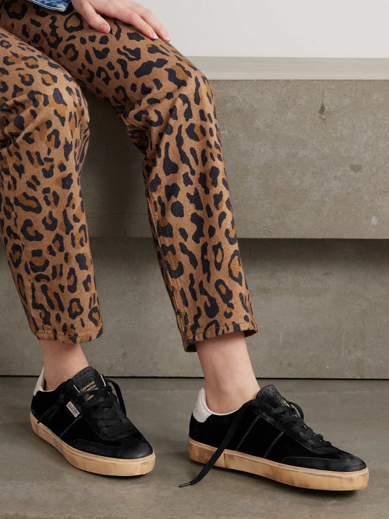 Shop Golden Goose Soul-star Distressed Leather-trimmed Velvet Sneakers In Black
