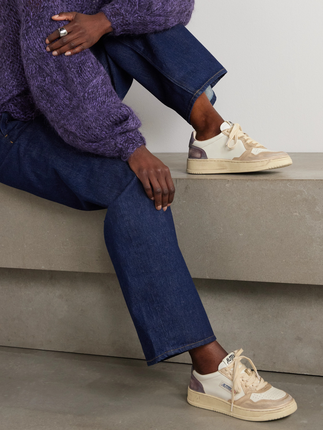 Autry Super Vintage Distressed Paneled Metallic Leather Sneakers In Gold