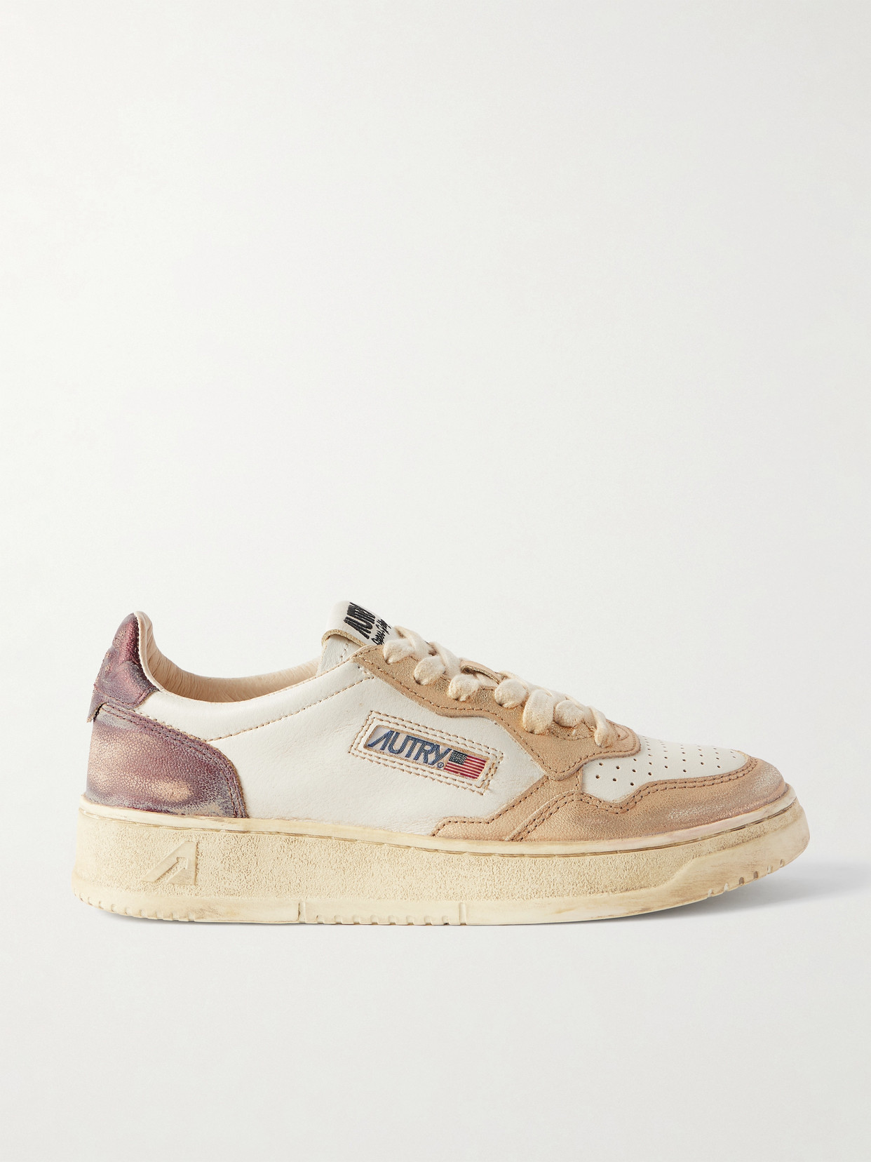Autry Super Vintage Distressed Paneled Metallic Leather Sneakers In Gold