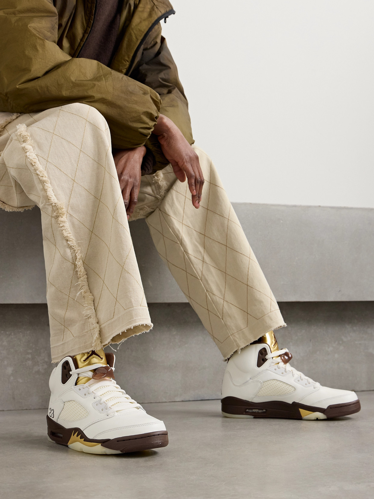 Nike Air Jordan 5 Retro Rubber And Mesh-trimmed Leather High-top Sneakers In Brown
